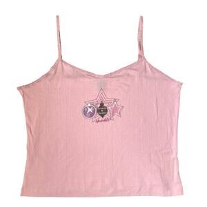 Y2K Pink Ribbed Tank Top L Sparkle Stars‎ Camisole Graphic 00s Bratz Fairy Cute